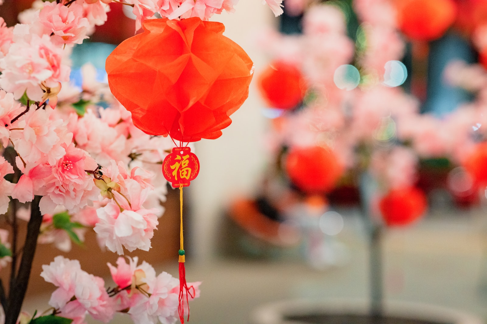 a red paper lantern hanging from a tree filled with pink flowers